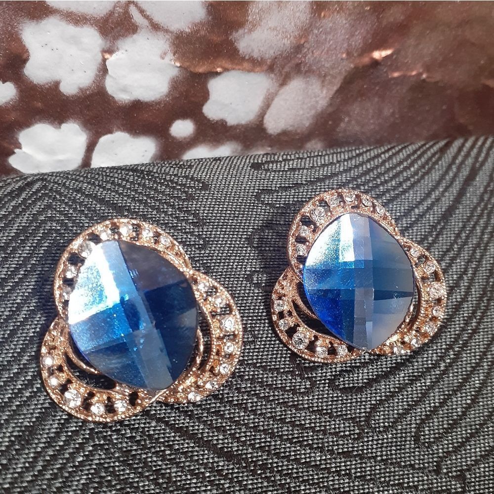 Vintage Vibrant Blue And Rhinestone Stamped Statement Earrings